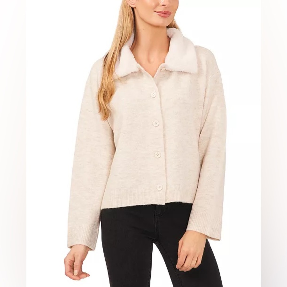 CeCe NEW Women’s Cardigan with Faux Fur‎ Collar Heather Ivory size L